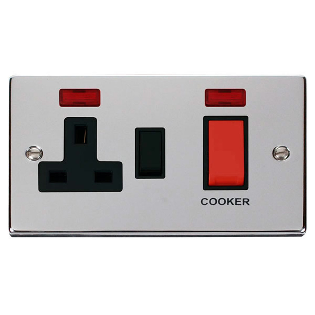 Polished Chrome Cooker Control 45A With 13A Switched Plug Socket & 2 Neons