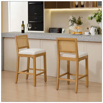 Full Solid Wood Rattan-Back Bar Stool Set Of 2 With Matte Linen Cushion, High-Resilience Foam And S-Springs Ideal For Rustic/Natural Style Kitchen Island, Low Bar & Café
