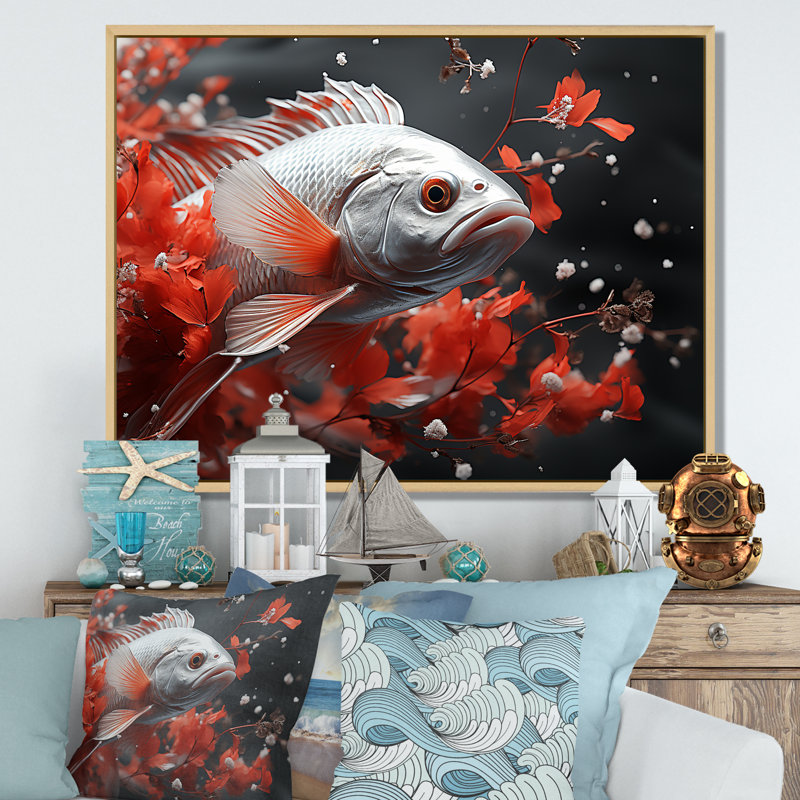 " Red And Gray Kois Fish Swimming With Serenity III ", 16" H x 32" W x 1" D, Natural Floater Framed