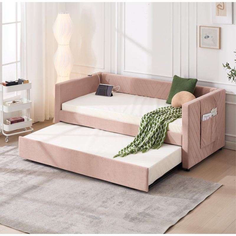 Twin Size Upholstered Daybed With Trundle,USB Port ,Side Pockets, Modern V-Grained Backrest Design,No Box Spring Needed, For Bedroom, Guest Room ( Pink, Twin)