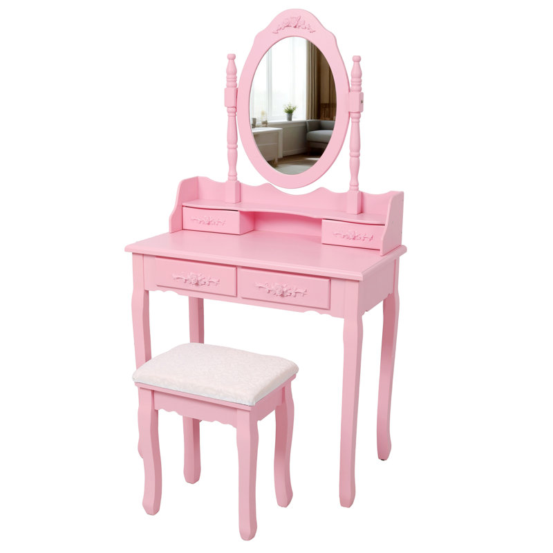 Pink Princess Vanity Desk Set With Mirror & Cushioned Stool, 4-Drawer Wooden Makeup Vanity Table For Girls' Bedroom, Dressing Table With Ample Storage
