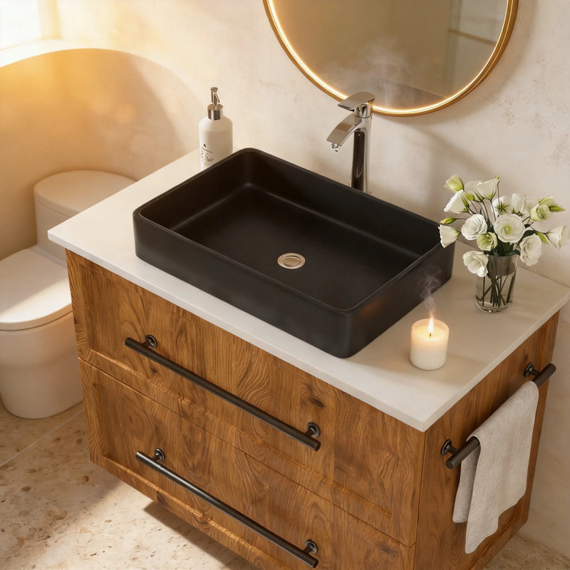 APRESSHUI 16'' Ceramic Rectangular Bathroom Sink, Black