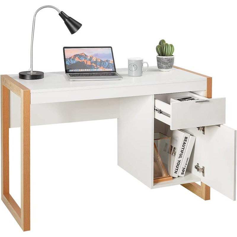 Bureau en bois blanc moderne - Bureau d'écriture et d'étude avec tiroir et armoire, bureau d'ordinateur de coin compact pour chambre à coucher ou bureau à domicile