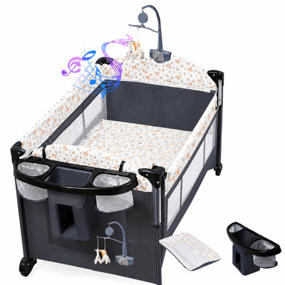 Berceuse 5-en-1 pliable avec table à langer, rangement et matelas - Lit de chevet portatif pour nouveau-né à tout-petit