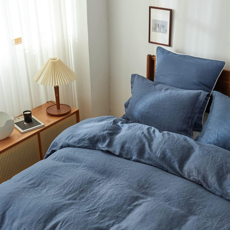Ensemble de housse de couette 100% lin, Housse de couette très grand + 2 taies d'oreiller, Bleu classique