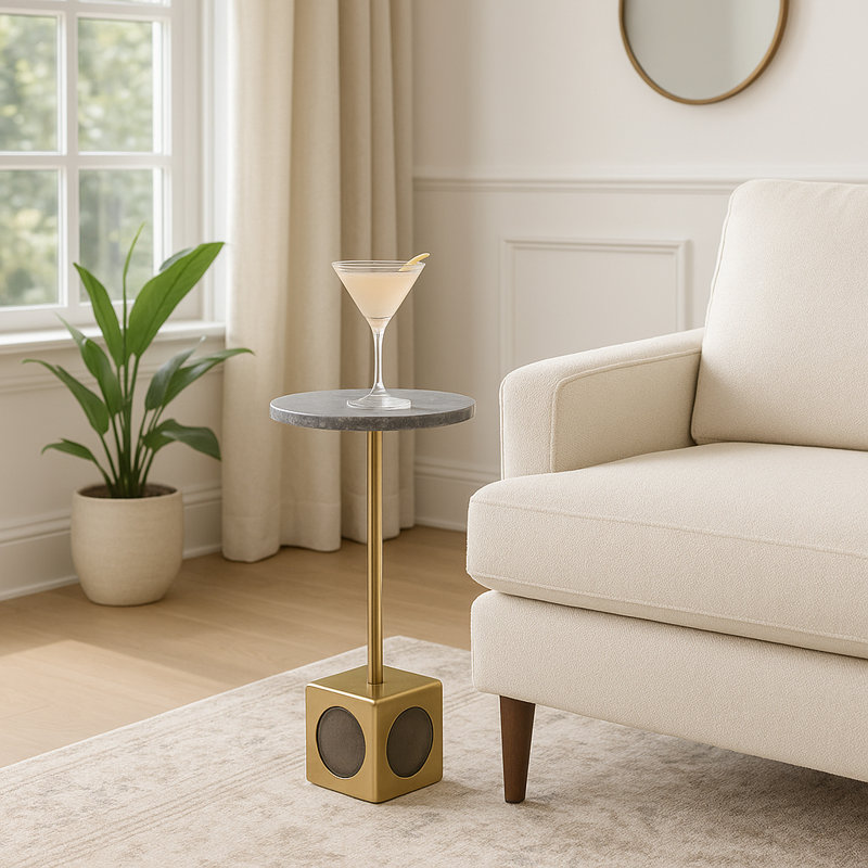 Élégante table de bout étroite avec surface en pierre et base cubique - table d'appoint sculpturale pour salon raffiné - 24 po, blanc et or