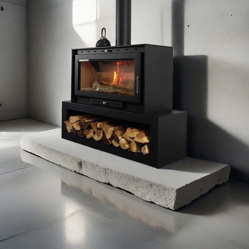 Heating fireplace with wood storage layer