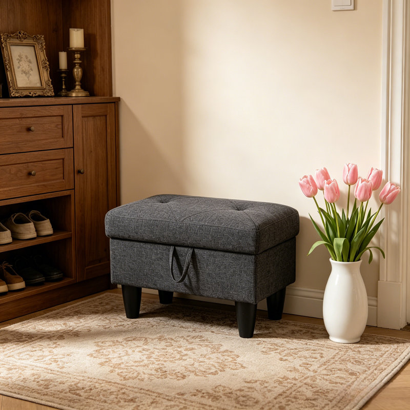 Repose-pieds capitonné en lin avec plateau relevable, Mélange de lin noir