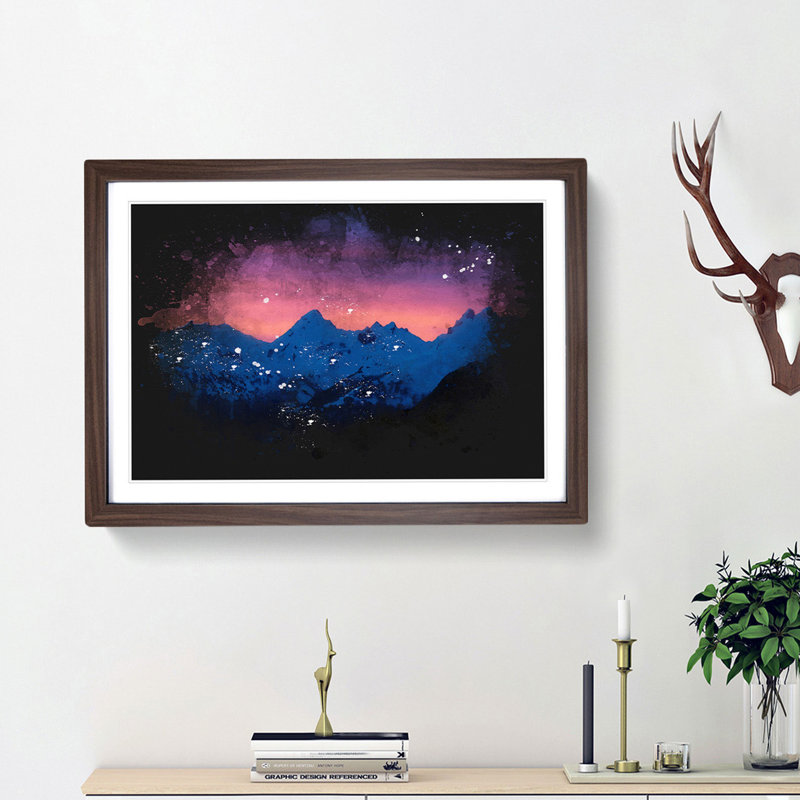 Mountain Ridge Sunset - Single Picture Frame Print on MDF, 24cm H x 33cm W x 2cm D, Walnut Framed