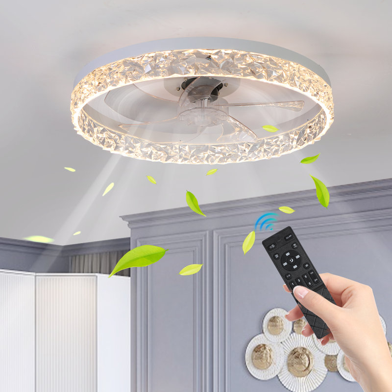 6-Speed Modern Flush Mount Acrylic Ceiling Fan with Dimmable LED & Remote, White