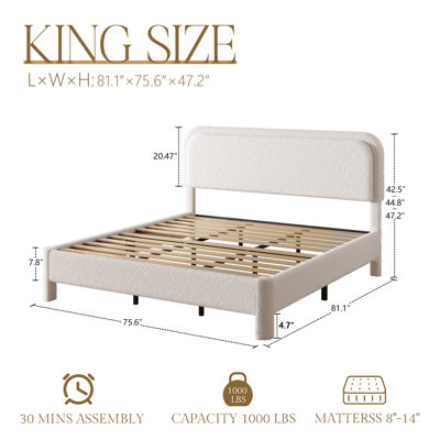 King Size Bed Frame with Headboard, Boucle Upholstered Platform, Modern Style, Soft Rounded Corners, No Box Spring Required, Easy Assembly