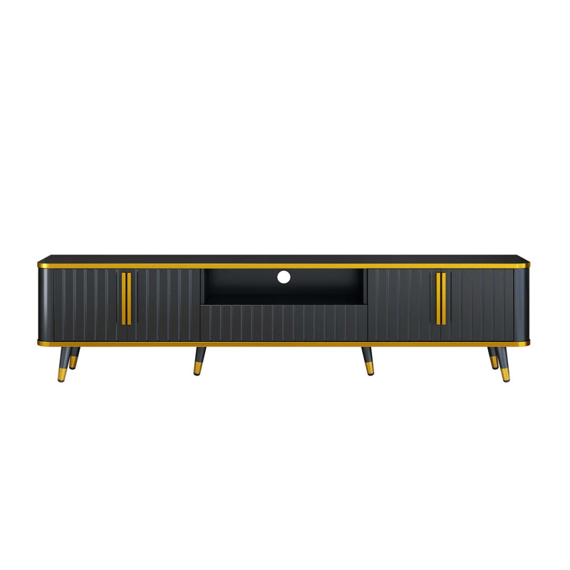 Meuble télé pour téléviseur de 85 po ou moins avec tablette de rangement ouverte, armoires et tiroirs, Or / noir