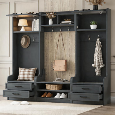 Portemanteau multifonctionnel 4 en 1 avec 7 crochets, un espace de rangement, des tiroirs, des armoires et un banc à chaussures, parfait pour les vestibules et les couloirs.