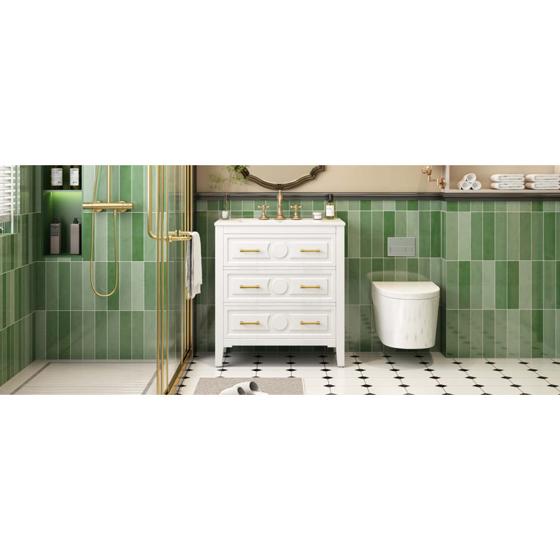 Ensemble de meuble-lavabo simple 30 po avec 3 tiroirs, meuble-lavabo autoportant avec cadre en bois massif 30 po, Blanc