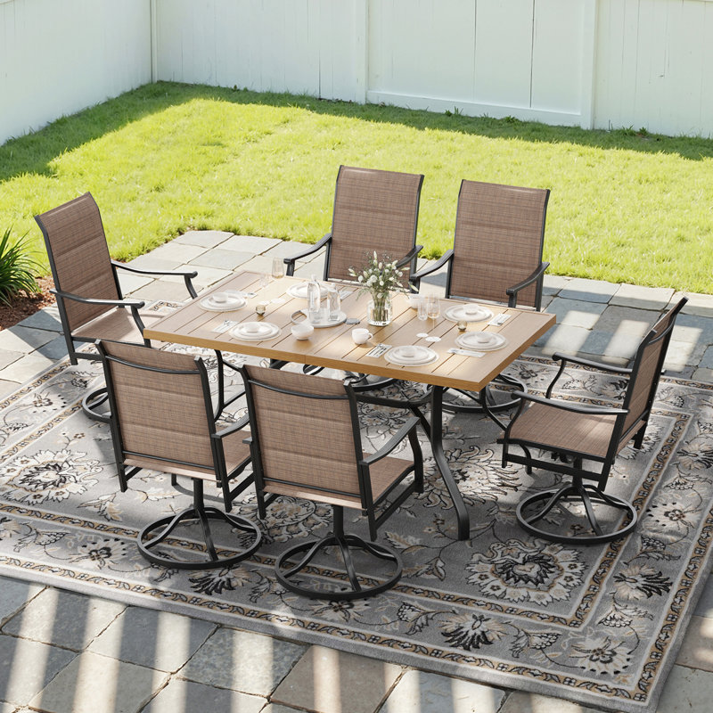 6 Person Outdoor Metal Table Swivel Dining Chair Set, Brown