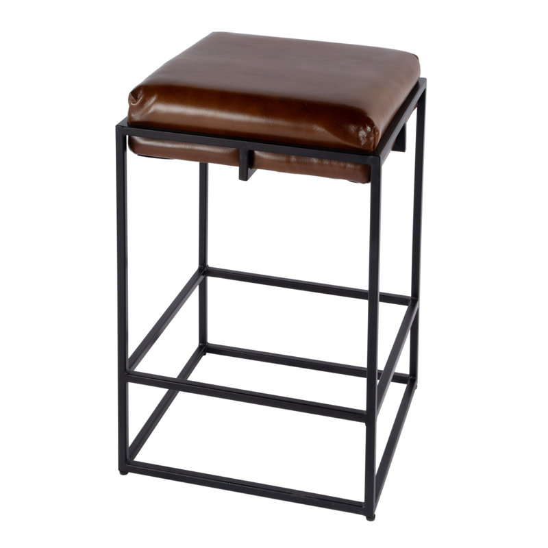 Eldridge Leather and Iron Backless Height Stool with Footrest, Bar Stool (31" Seat Height)