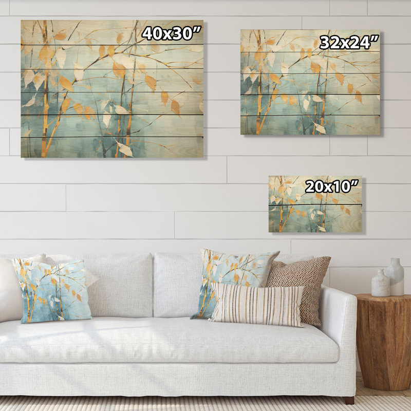 «Blue and Golden Minimalisme Bamboo I», art mural en bois de bambou sur bois de pin naturel, H 30 po x l 40 po