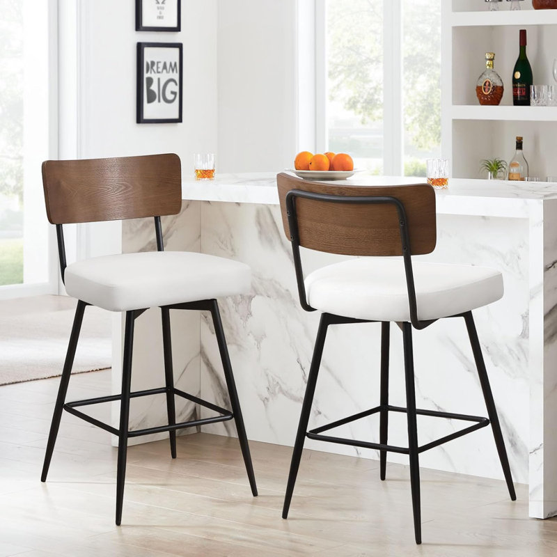 Swivel Upholstered Counter Stool with Metal Frame, White