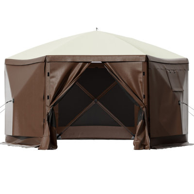 Tente de pavillon de camping escamotable 10 par 10 pieds à 6 côtés, abri moustiquaire imperméable avec fenêtres en filet, piquets de sol et sac de rangement portable pour 8 personnes, brun et beige