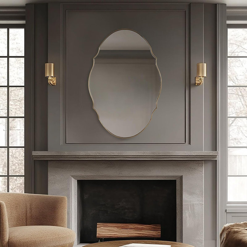 Contemporary Oval Scalloped Wall Mirror Irregular Bathroom Vanity Mirror | Stainless Steel Frame, Brushed Gold, 30" x 22"