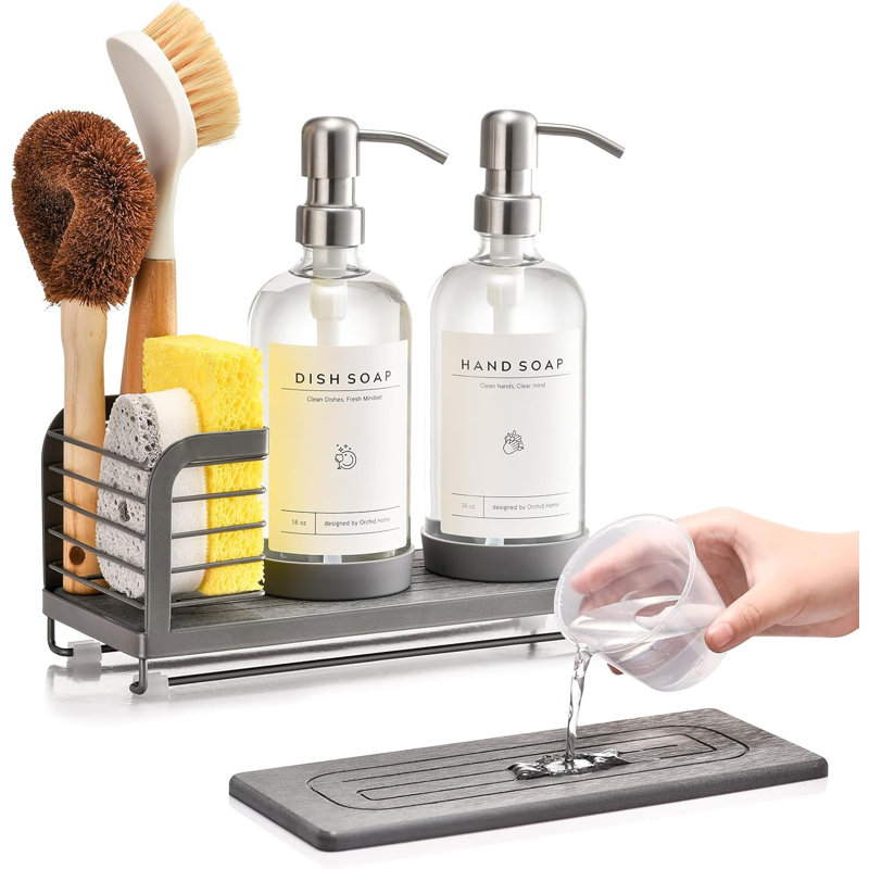 Ensemble de distributeur de savon de cuisine avec plateau de séchage, panier d'évier gris + bouteille transparente + pompe argentée