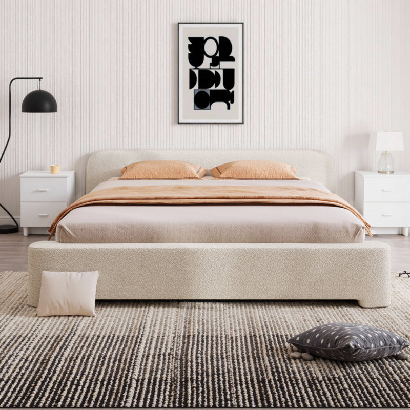 Très grand cadre de lit tapissier blanc très grand avec support en bois pour chambre à coucher, Lit double