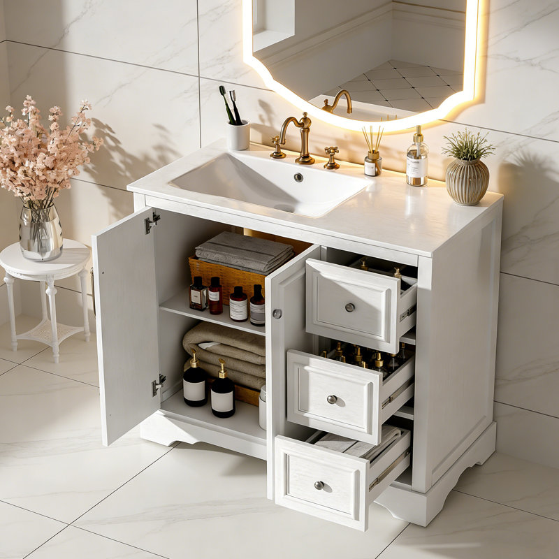 36'' Transitional Bathroom Vanity With Ceramic Sink, White
