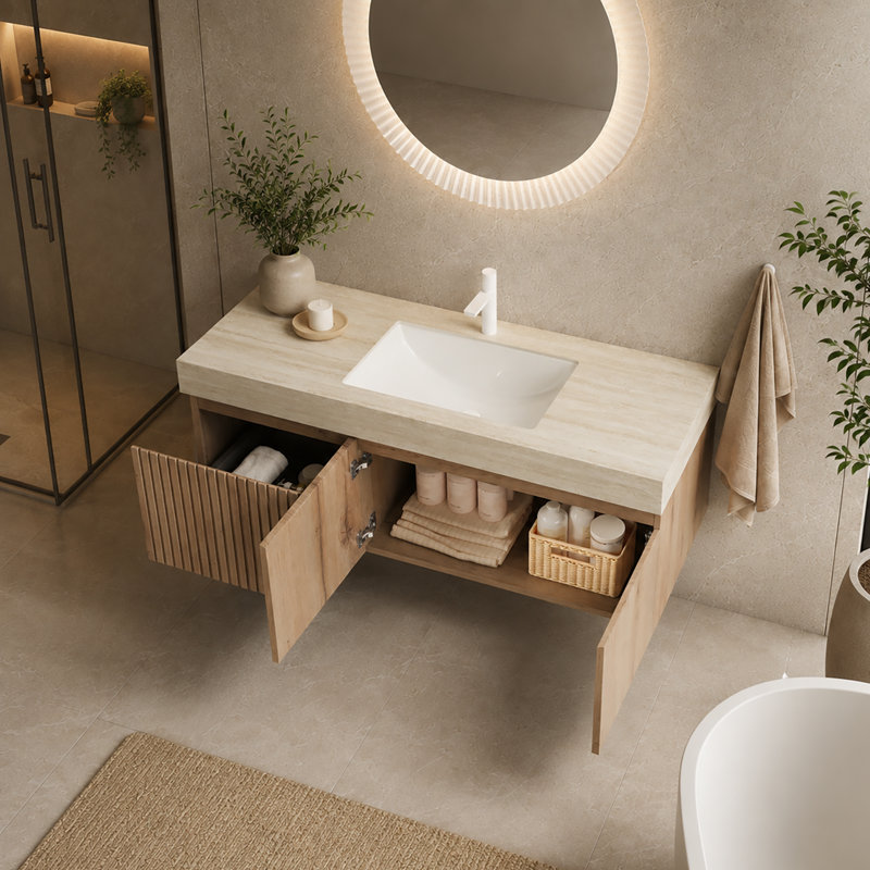 Meuble-lavabo flottant moderne 48 po avec lavabo, armoire de contreplaqué murale, plateau en pierre frittée Roma Travertine, rangement à fermeture en douceur, pré-assemblé