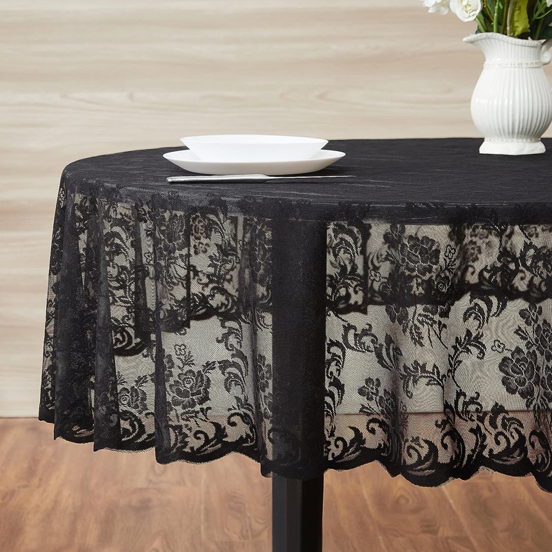 Keilly Round Floral Wedding Lace Tablecloth, Black, 90" Round
