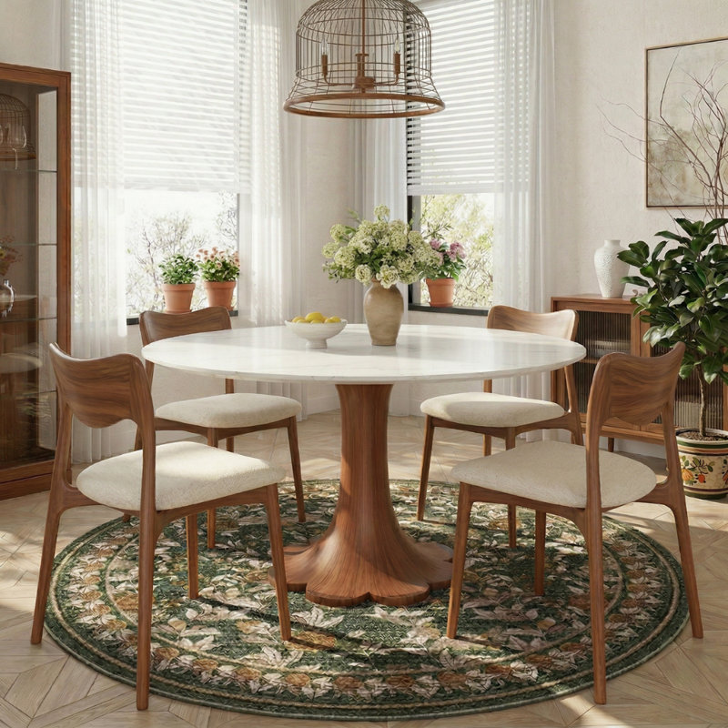 Round Stone Danner Solid Wood Pedestal Floral Shape Kitchen Dinner Table For 4/6/8, White/Gray, 29.52”H x 53.15”L x 47.24”W