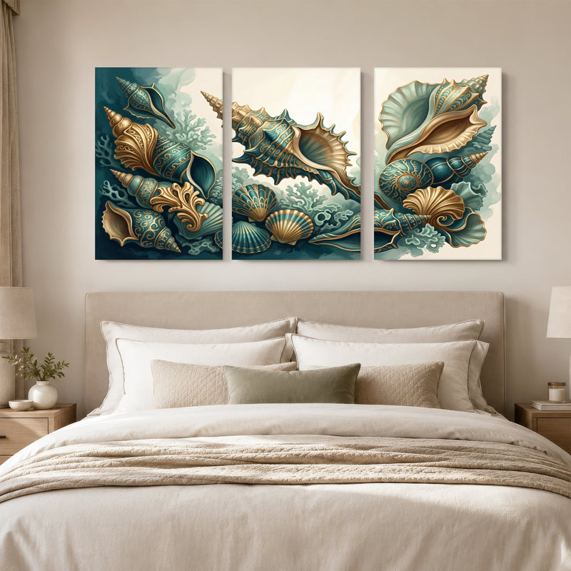 Or et sarcelle, coquillages et corail, ensemble de 3 impressions sur toile, H 30 po x l 20 po x 3 pièces