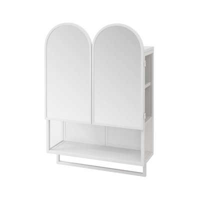 23.62" Modern Double-Arched Mirror Cabinet,2 Doors Medicine Cabinet, Metal Wall Cabinet with Adjustable Shelves and Towel Rack, Mirror Cabinet with Storage