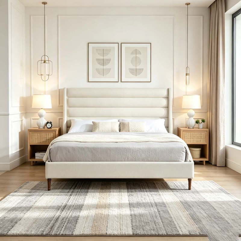 Bed Frame High Headboard Upholstered Platform Bed, King