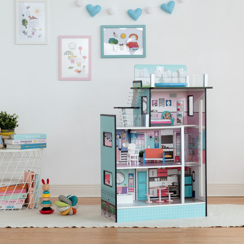 Maison de poupée en bois 3 étages avec élévateur de travail et 10 accessoires pour poupées 3,5 "Teamland Kids Dreamland Barcelona