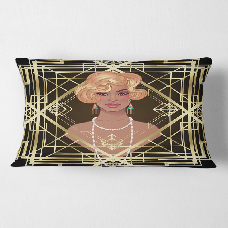 Rectangle, femmes rétro en or Art Deco Geometrics III - Coussin décoratif imprimé moderne