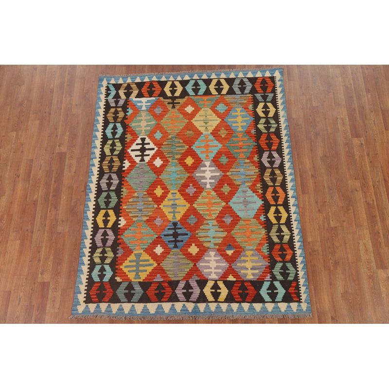 Geometric Kilim Reversible Wool Area Rug 5x6