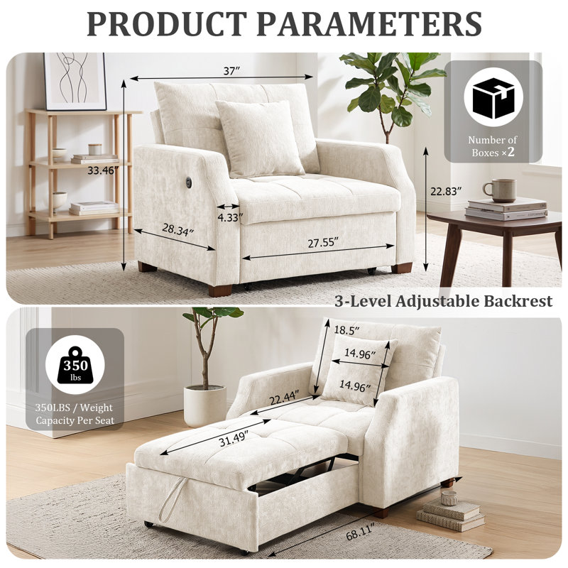 Fauteuil d'appoint convertible 3 en 1, fauteuil-lit multifonctionnel pour petits espaces, Beige Polyester Blend