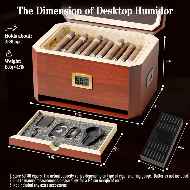 Cendrier cigare de qualité supérieure, grande capacité (50 à 80 cigares) avec hygromètre numérique, humidificateur et 5 accessoires gratuits, surface peinte par pulvérisation pour le rangement des cigares