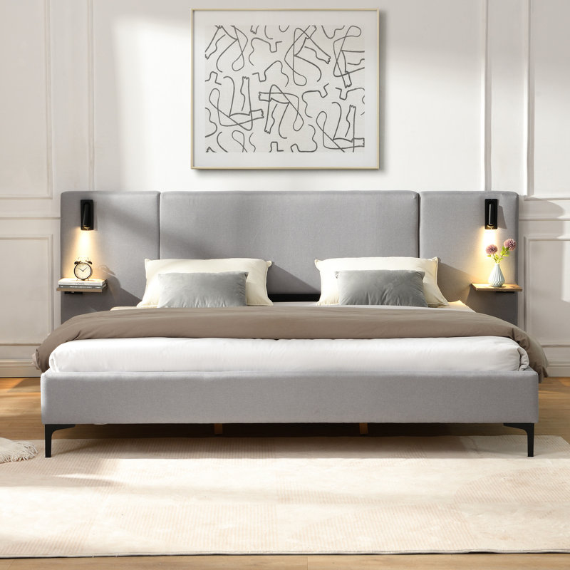 King Size Bed Frame In Grey Linen Upholstery, Integrated Lights And Shelving On Headboard, Iron Leg Foundation Upholstered Bed, Built - Shelves Robust