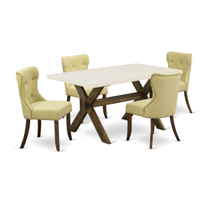 5 Piece Dining Table Set for 4 Includes a Rectangle Kitchen Table with X-Legs and 4 Limelight Linen Fabric Parson Dining Chairs, Distressed Jacobean finish