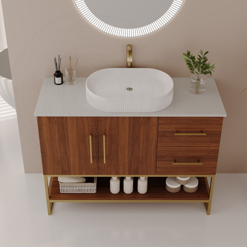 Meuble-lavabo moderne de 36 pouces avec lavabo vasque en céramique et cadre doré, Gold/Walnut