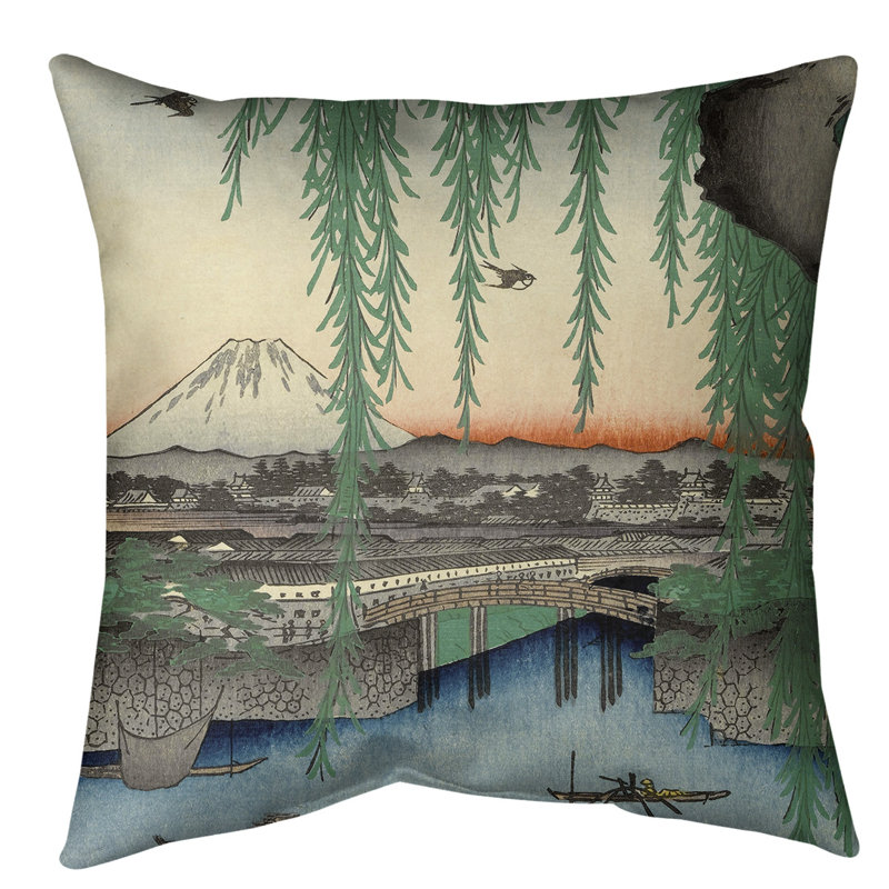 Coussin yatsumi bridge, 14 po x 14 po, Gris / bleu / rose, Polyester sergé