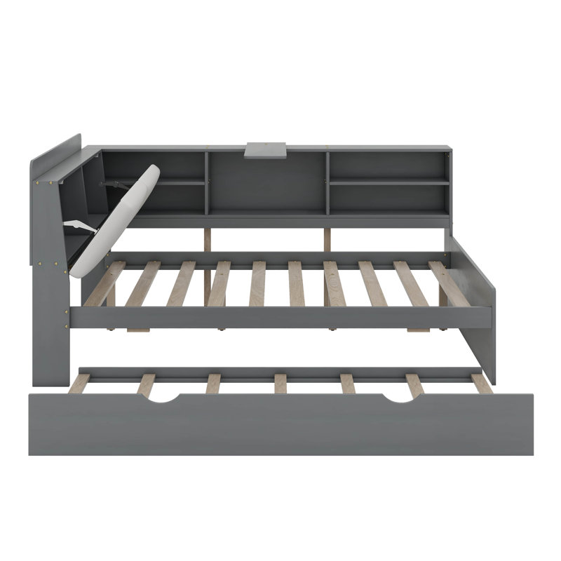Daybed With Trundle Bed, Bookcase, Upholstered Headboard And Storage Shelves, Gray, Full/Double