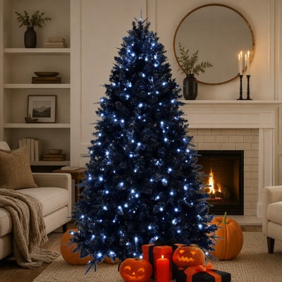 Arbre de Noël noir de 7 pi avec 450 lumières DEL blanches, arbre artificiel PE + PVC à 1916 pointes pour décoration d'Halloween et des Fêtes, structure à charnières avec support en métal stable