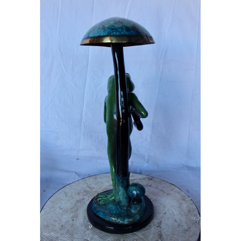 Jazzy frog perched under mushroom bronze statue -  Size: 10"L x 10"W x 28"H.