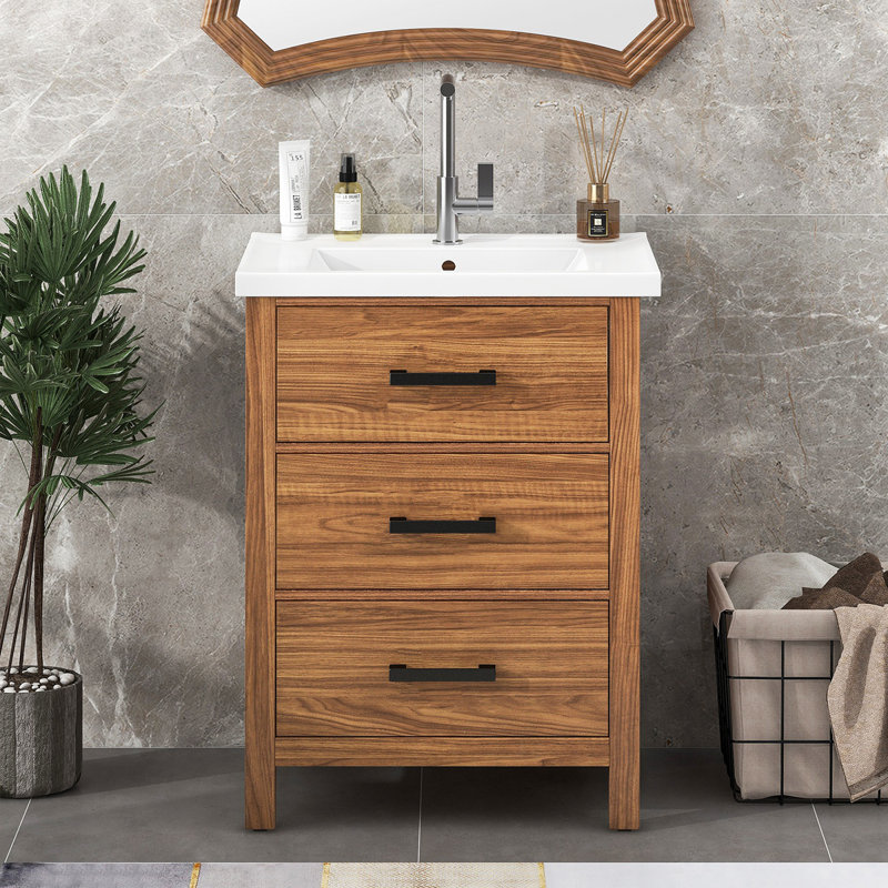 Meuble-lavabo autoportant 24 po avec lavabo en céramique 24 po, meuble-lavabo moderne avec 3 tiroirs