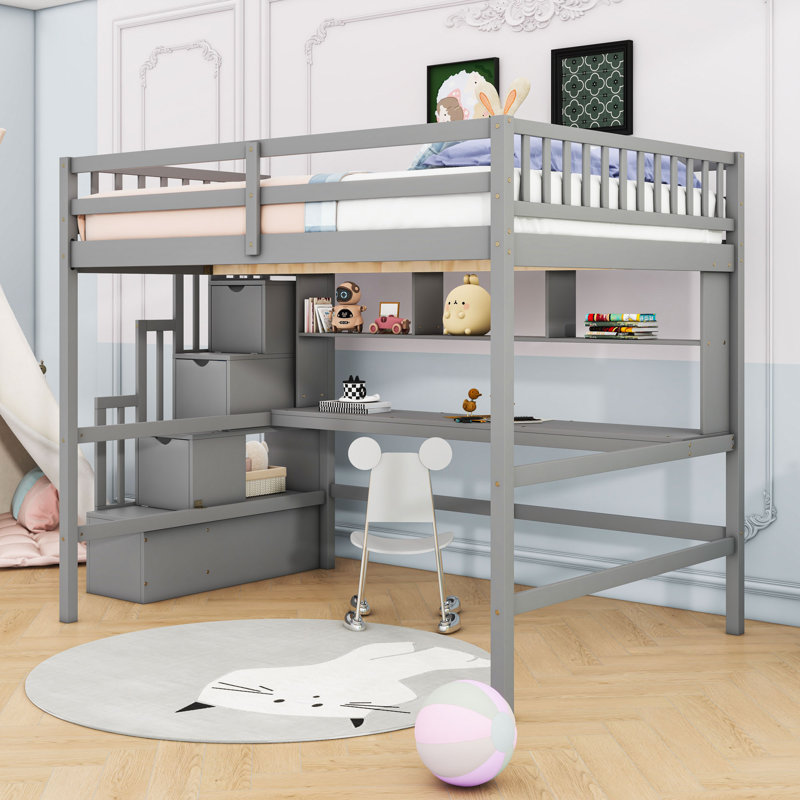 Full Loft Bed With Desk, Bookshelves And Storage Staircase, Gray