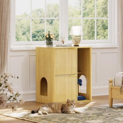 Litière 31,5 po Mid-Century moderne avec arbre à chat et poteau à griffes - portes à double entrée, tablette de rangement, bac à litière caché, finition bois naturel