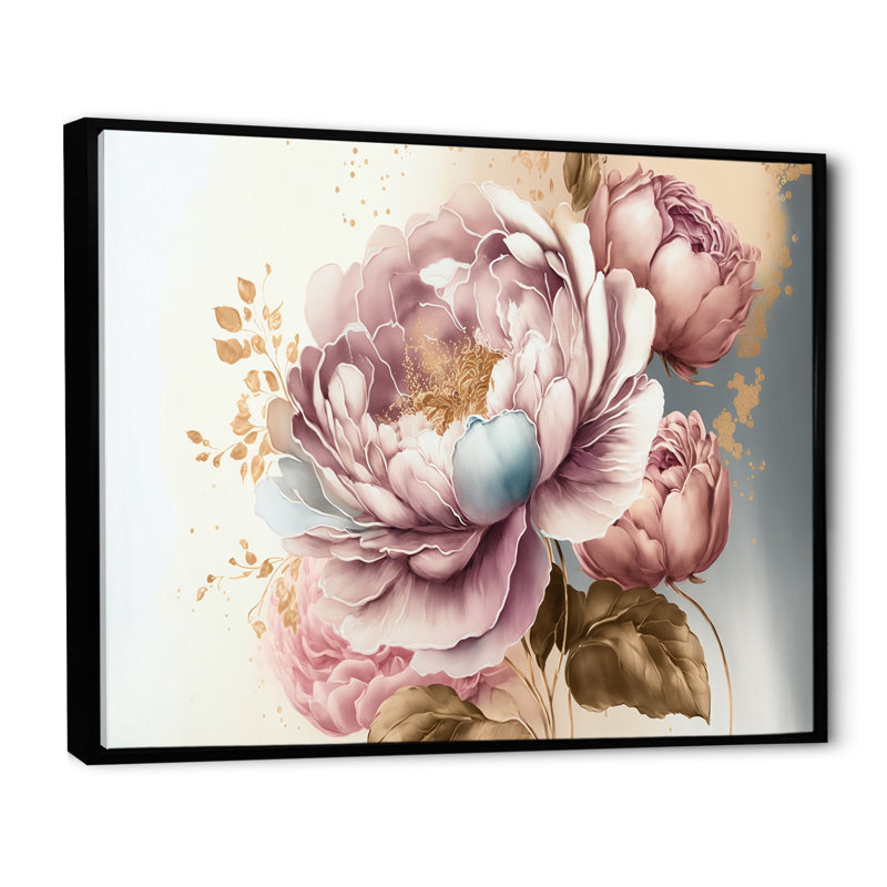 Rose et or rose II - Art mural encadré rose, H 30 po x l 40 po x P 1,5 po, Toile avec cadre flottant noir