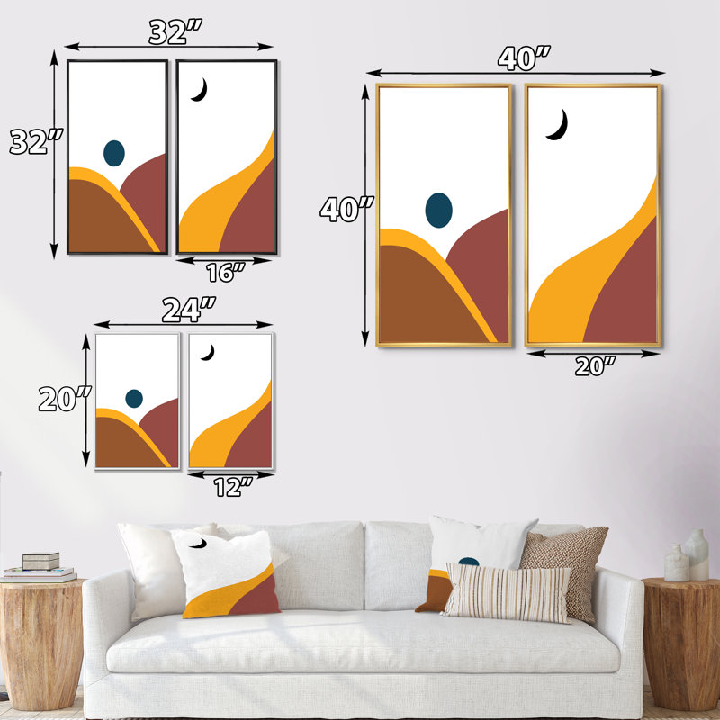 «Full Moon Mountain Retro Landscape IV», ensemble de 2 impressions, H 32 po x l 32 po x P 1 po, Toile avec cadre brun